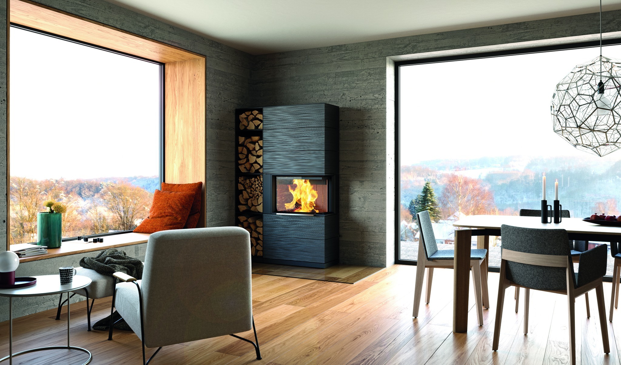 Kaminofen mit Holzfach im Wohnraum